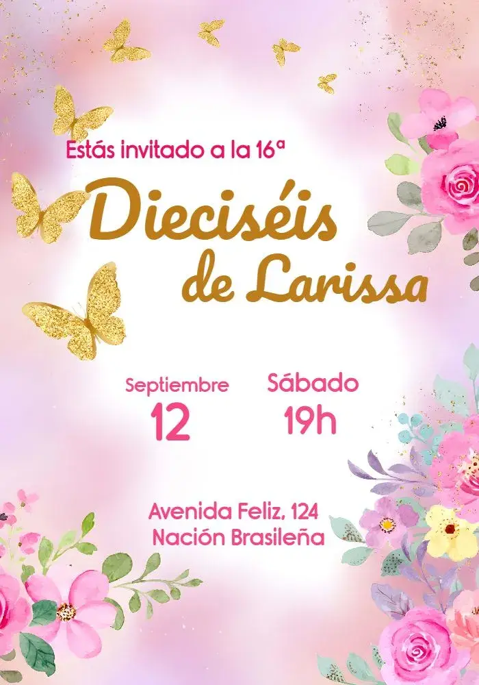 Invitación 15 Años Jardín De Las Mariposas Flores editable y personalizable