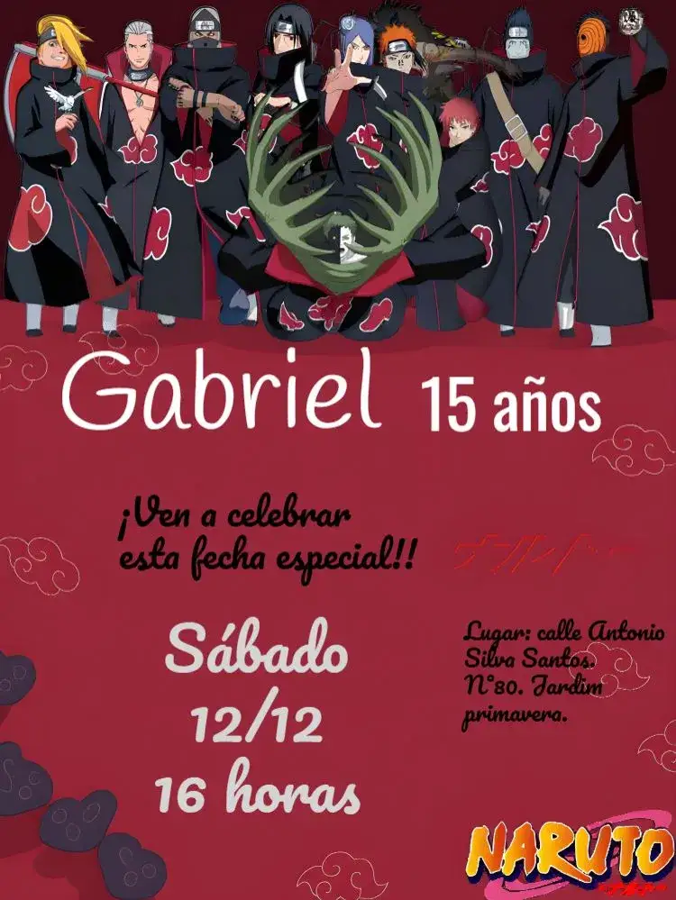 Invitación Akatsuki Naruto – tema Cumpleaños Infantil anime, moderno, colorido, temático, divertido