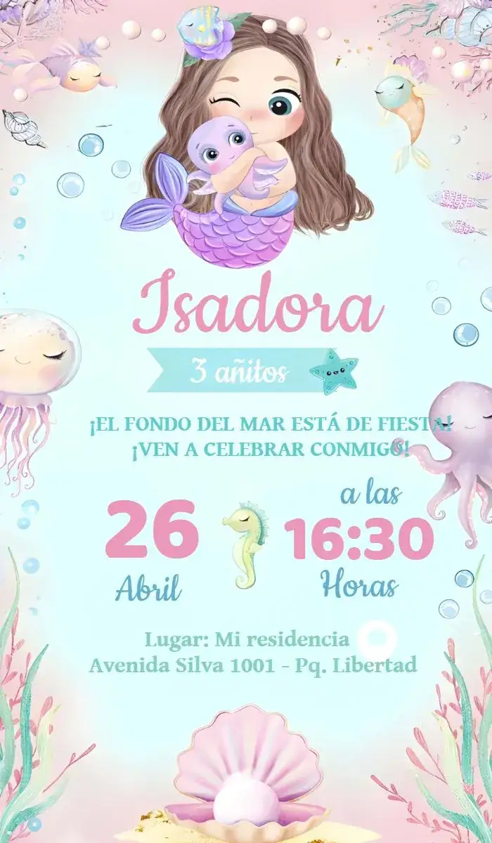 Invitación Sirena Delicado – tema Más buscados colores candy, marino, delicado, infantil, fantasía