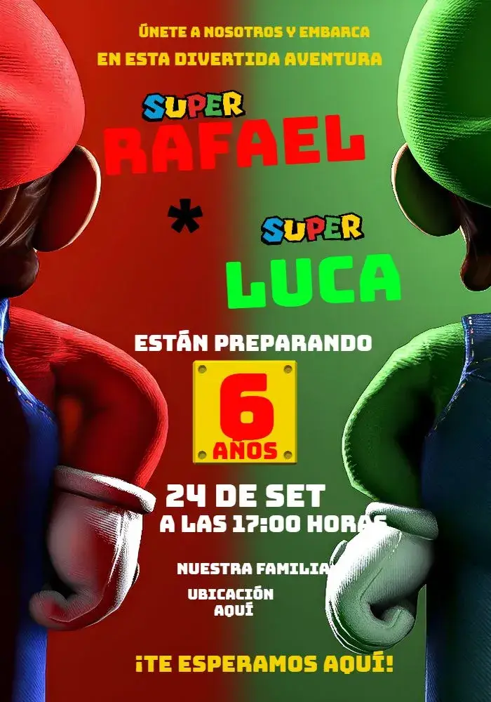 Invitación Hermanos Gemelos Super Mario Bros Mundo Mario3d