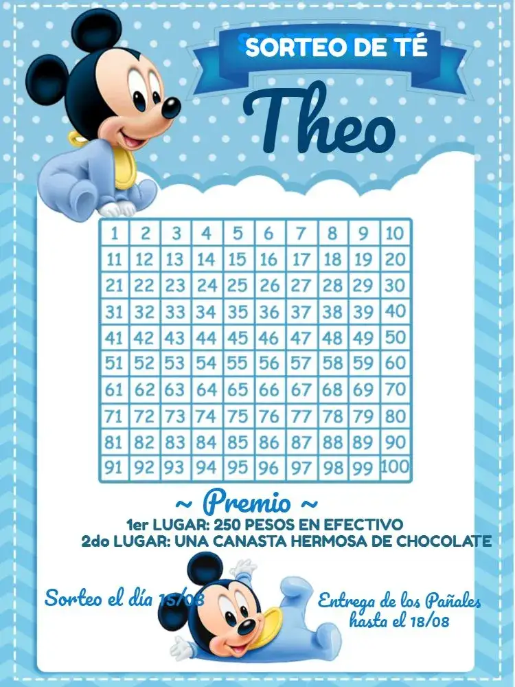 Invitación Chá Rifa Mickey Mouse Baby Whatsapp – tema Té Rifa Mickey Mouse, colorido, divertido, infantil, moderno, lúdico