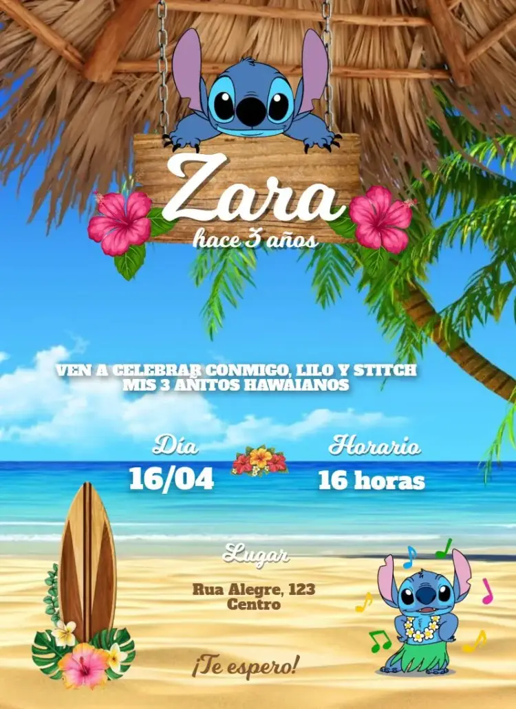 Invitación Lilo y Stitch Hawaiano editable y personalizable