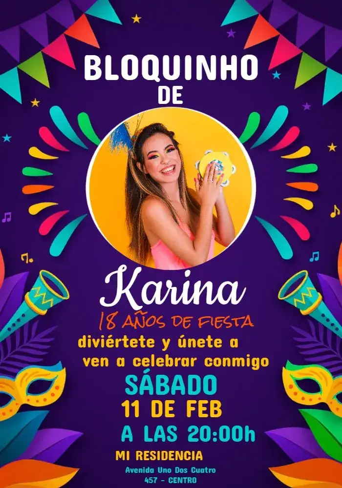 Invitación Bloco De Carnaval Con Foto Bailinho – tema Cumpleaños colorido, divertido, festivo, tropical, moderno, ilustración alegre