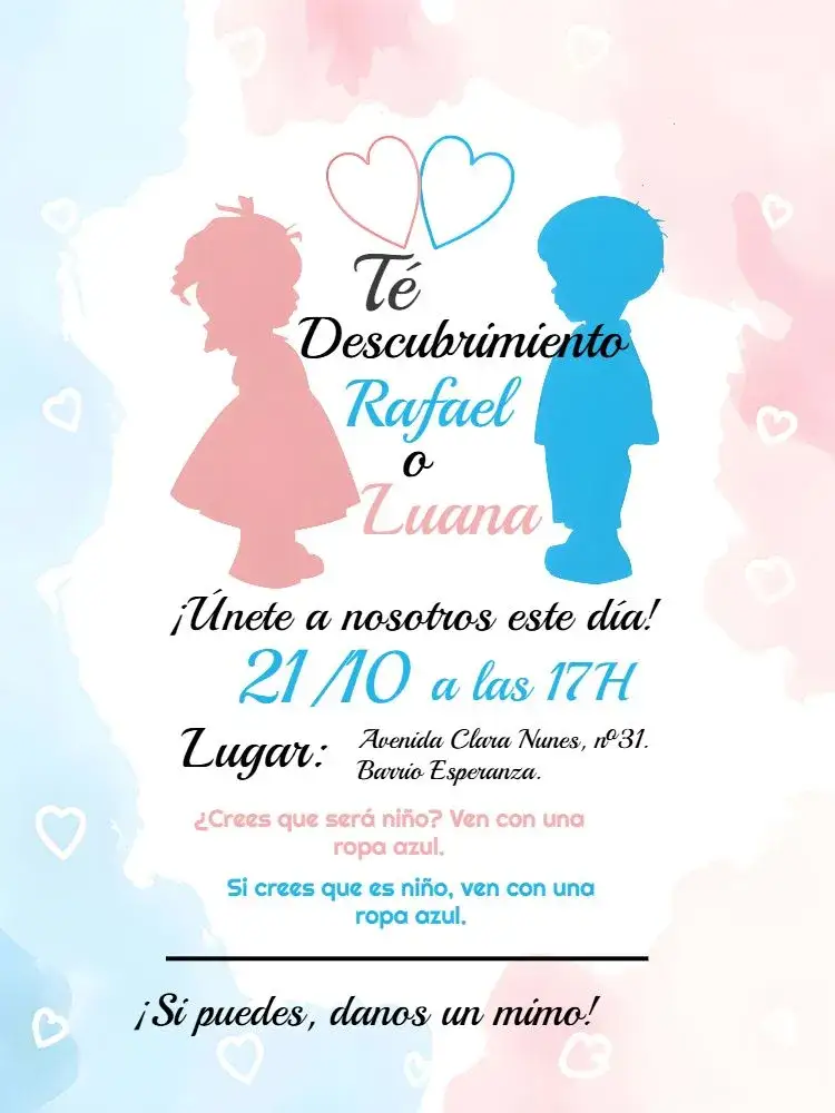 Invitación Chá de Revelación Niña o Niño Azul – tema Revelación Bebé azul, lúdico, moderno, divertido, colorido