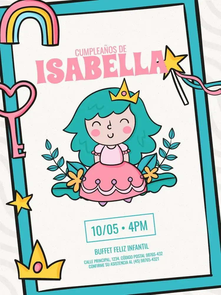 Invitación Infantil Princesa Claro – tema Cumpleaños Infantil tonos suaves, estilo lúdico, elementos gráficos de princesas, arcoíris, estrella, diseño encantador