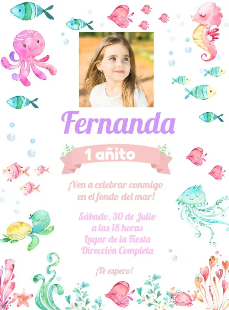 Invitación Fondo Del Mar Con Foto Oceánica – tema Cumpleaños Infantil azul marino, colorido, lúdico, tropical, divertido