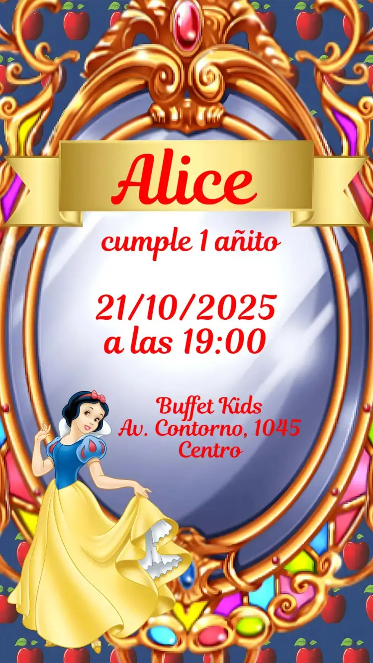 Invitación Blanca Nieves – tema Cumpleaños Infantil colores pasteles, ilustraciones de cuentos de hadas, elementos florales, estilo lúdico, detalles encantadores, diseño infantil