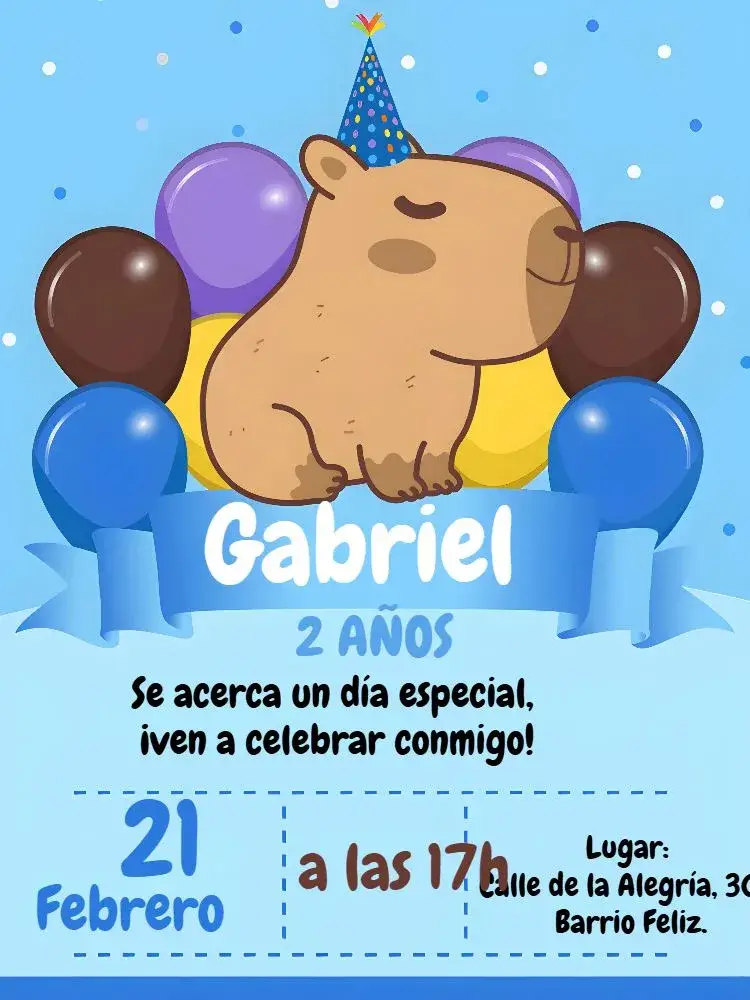 Invitación Capibara Azul Niño Globos