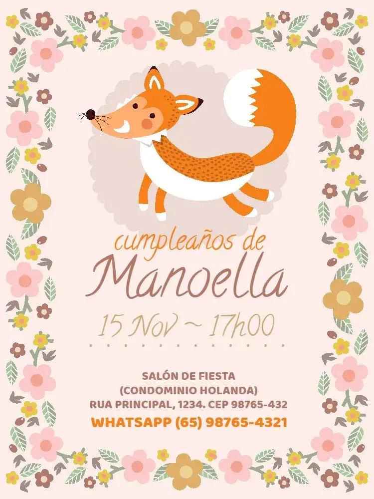 Invitación Zorrito Delicado Claro – tema Cumpleaños Infantil floral, delicado, lúdico, rosa claro, infantil