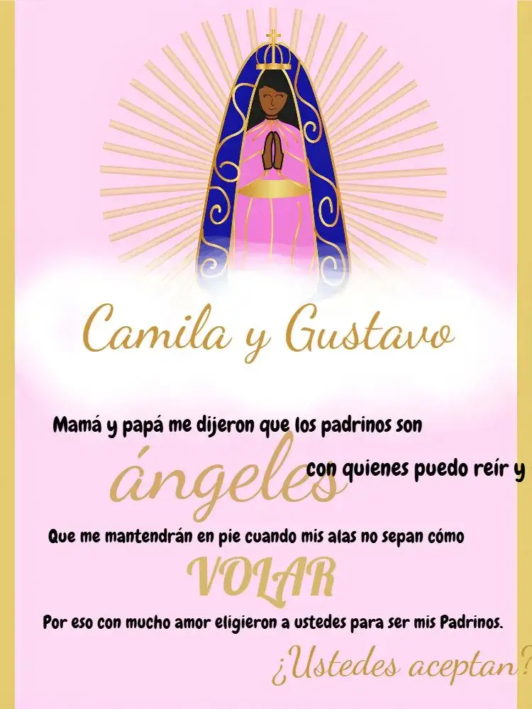 Invitación Para Padrinos Nuestra Señora Aparecida Católico – tema Bautismo rosa, blanco, dorado, negro, minimalista, religioso