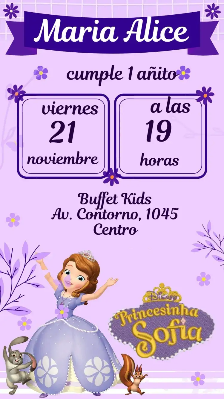 Invitación Princesita Sofía – tema Cumpleaños Infantil colores suaves, temática de princesa, detalles encantadores, estilo lúdico, ilustraciones infantiles, elementos mágicos