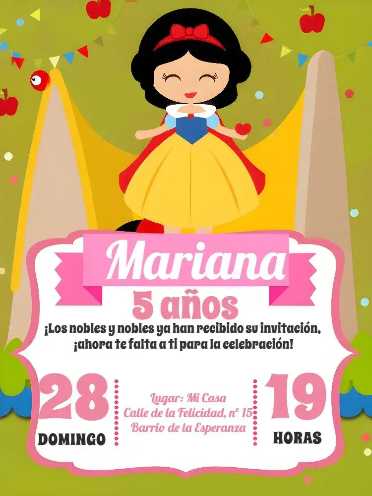 Invitación Blanca Nieves Princesa – tema Despedida de Soltera princesa, lúdico, colorido, fantasía, romántico, infantil