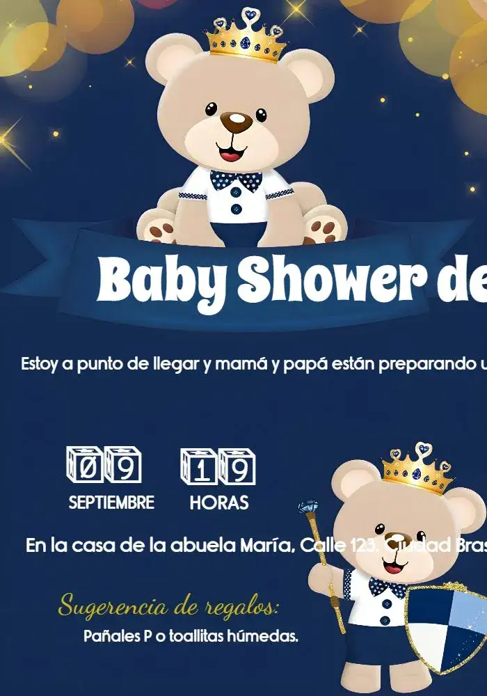 Invitación Baby Shower Oso Príncipe Azul – tema Baby Shower azul, dorado, blanco, infantil, realeza, osito