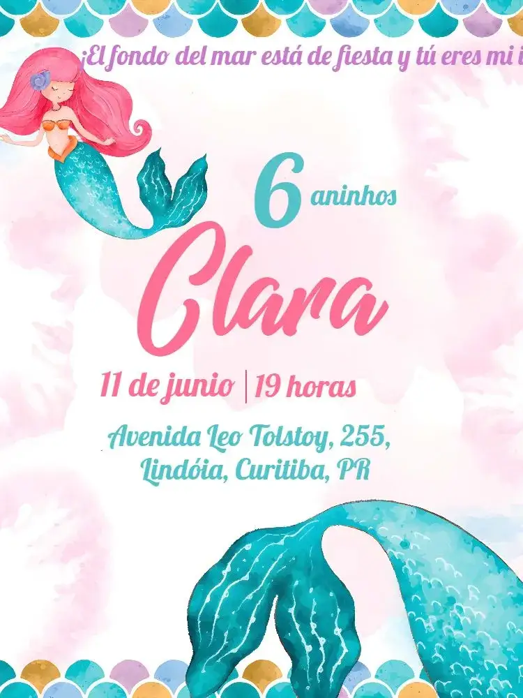 Invitación Sirena Fondo – tema Cumpleaños Infantil azul marino, colorido, de fantasía, temático, alegre, divertido