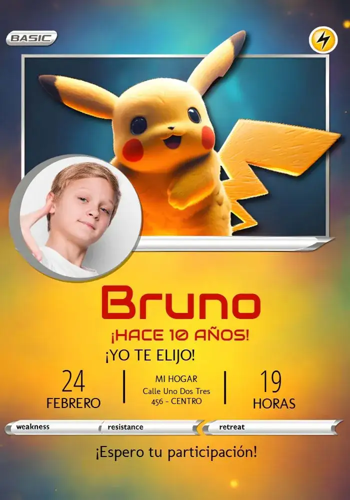 Invitación Carta Pokemon Pikachu Con Foto Charizard – tema Cumpleaños Infantil colorido, divertido, jovial, fantasía, infantil