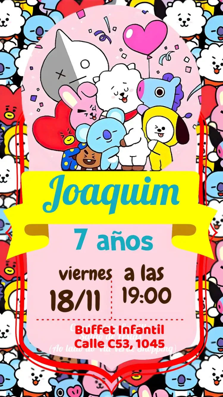Invitación BT21 – tema Cumpleaños Infantil colorido, divertido, moderno, ilustración animada, temática pop, jovial