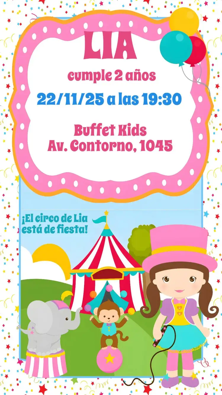 Invitación Circo Rosa – tema Cumpleaños Infantil rosa, lúdico, divertido, colorido, circense
