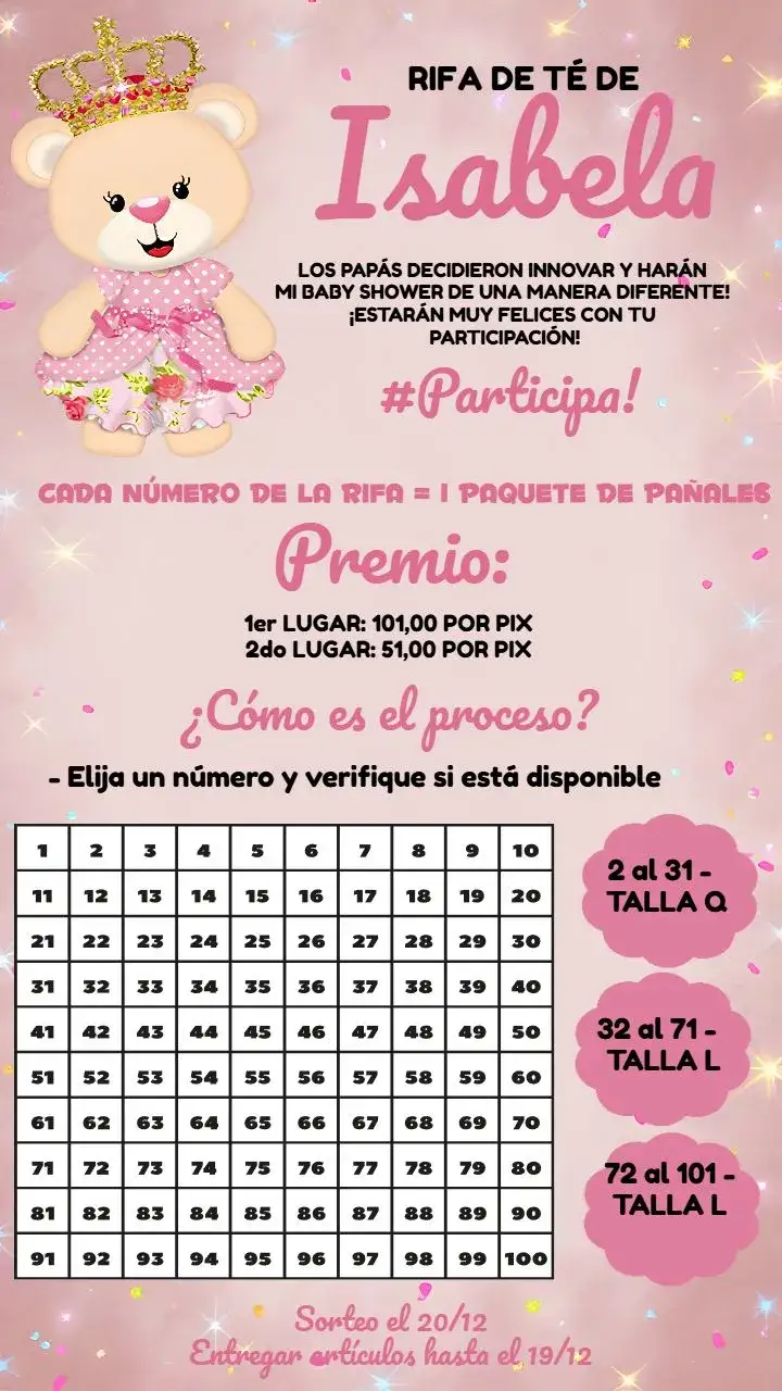 Invitación Té Rifa Osita Princesa Nube – tema Té Rifa delicado, infantil, femenino, colores suaves, divertido
