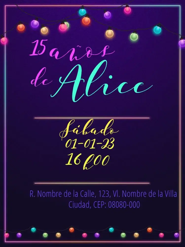 Invitación Virtual De 15 Años - Luces Coloridas Neon