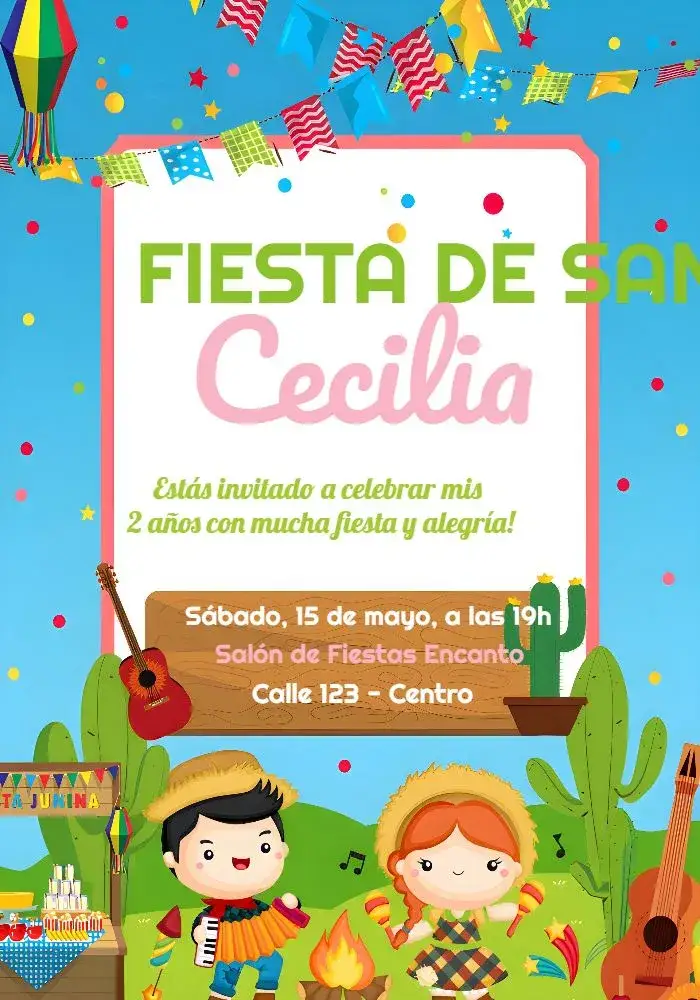 Invitación Arraiá Fiesta Junina Fogata – tema Fechas Conmemorativas colorido, vintage, rústico, festivo, alegre, tradicional