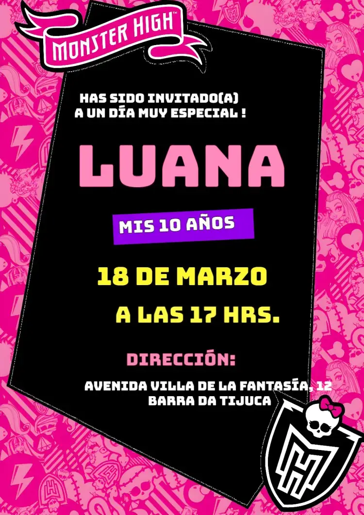 Invitación Monster High Vampira – tema Cumpleaños Infantil gótico, fantasía, colorido, moderno, divertido, ilustraciones de monstruos