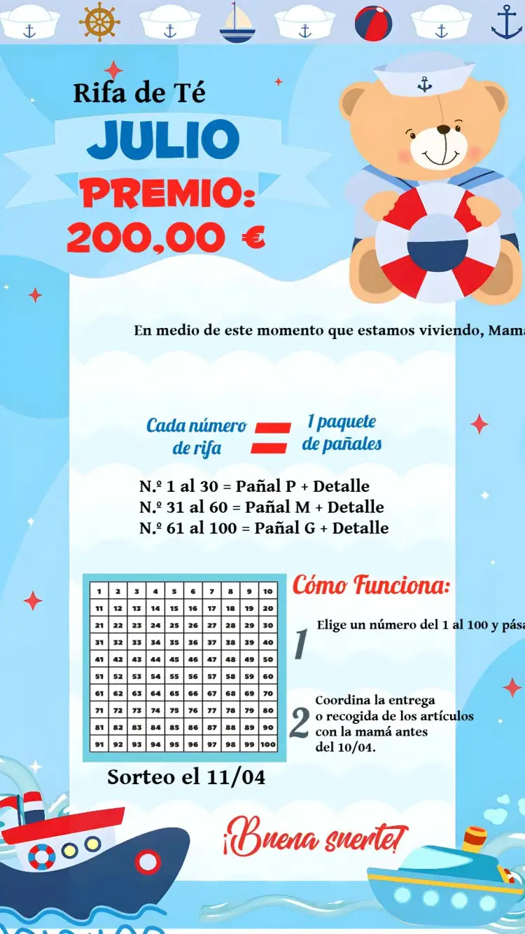 Invitación Té Rifa Osito Marinero Rojo – tema Té Rifa marinero, colorido, lúdico, infantil, náutico