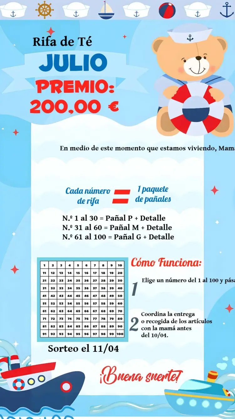 Invitación Té Rifa Osito Marinero Rojo