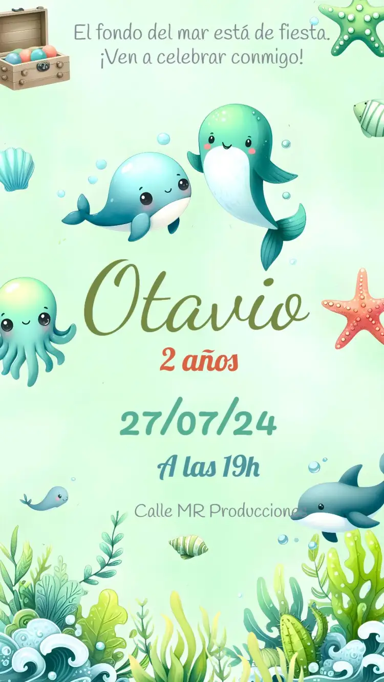 Invitación Fondo Del Mar Niña – tema Cumpleaños Infantil fondo marino, colores vibrantes, elementos marinos, estilo lúdico, temas acuáticos, diseño alegre