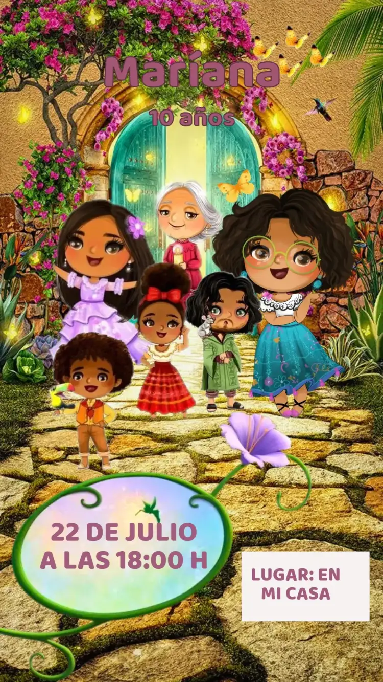Invitación Invitación Cumpleaños Encanto – tema Cumpleaños Infantil colorido, mágico, temático Disney, vibrante, natural, divertido