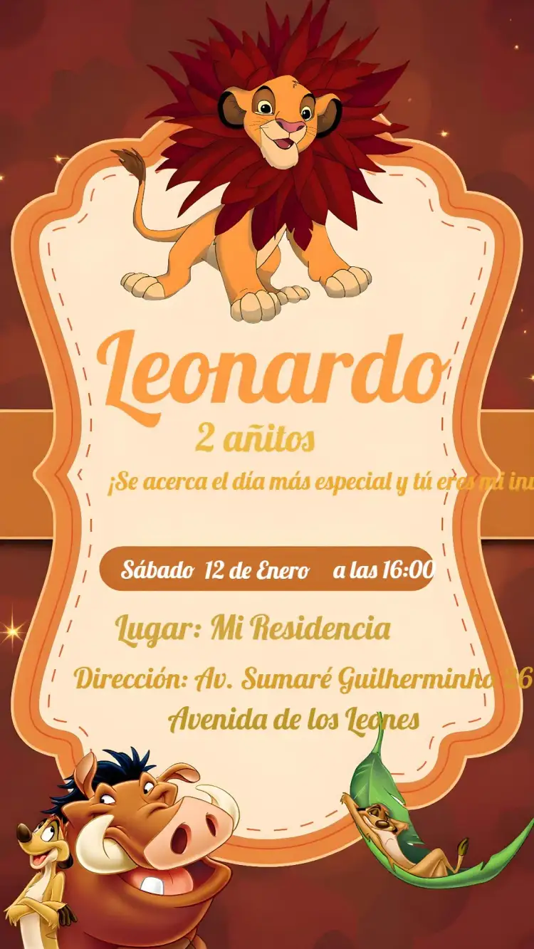 Invitación El Rey León Infantil – tema Cumpleaños Infantil salvaje, colorido, temática africana, animales de la selva, divertido, vibrante