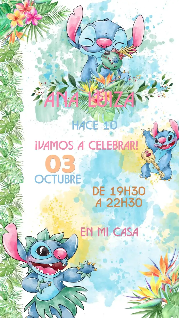 Invitación Invitación Cumpleaños Stitch – tema Cumpleaños Infantil tropical, azul vibrante, hawaiano, divertido, lúdico, colorido