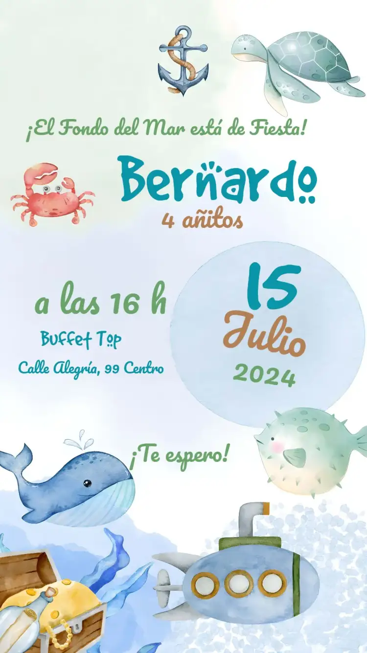Invitación Fondo Del Mar Acuarela Delicado – tema Cumpleaños Infantil acuarela, marino, delicado, azul, temático, infantil