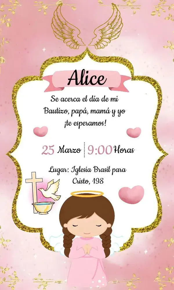 Invitación Bautizo Angelito Glitter Iglesia – tema Bautismo rosa, brillo, dorado, angelito, delicado, infantil