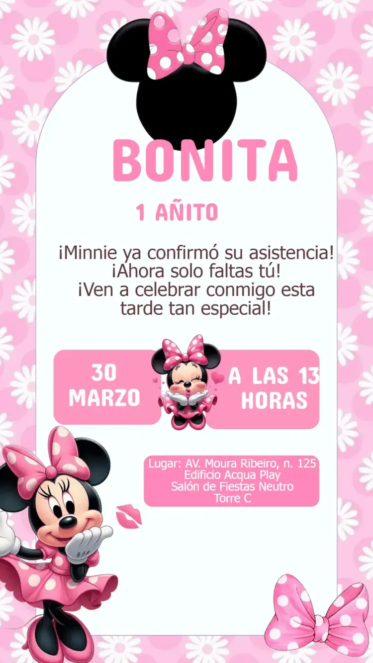 Invitación Invitación Cumpleaños Minnie Rosa – tema Cumpleaños Infantil rosa, divertido, infantil, tema Minnie, colorido, lúdico