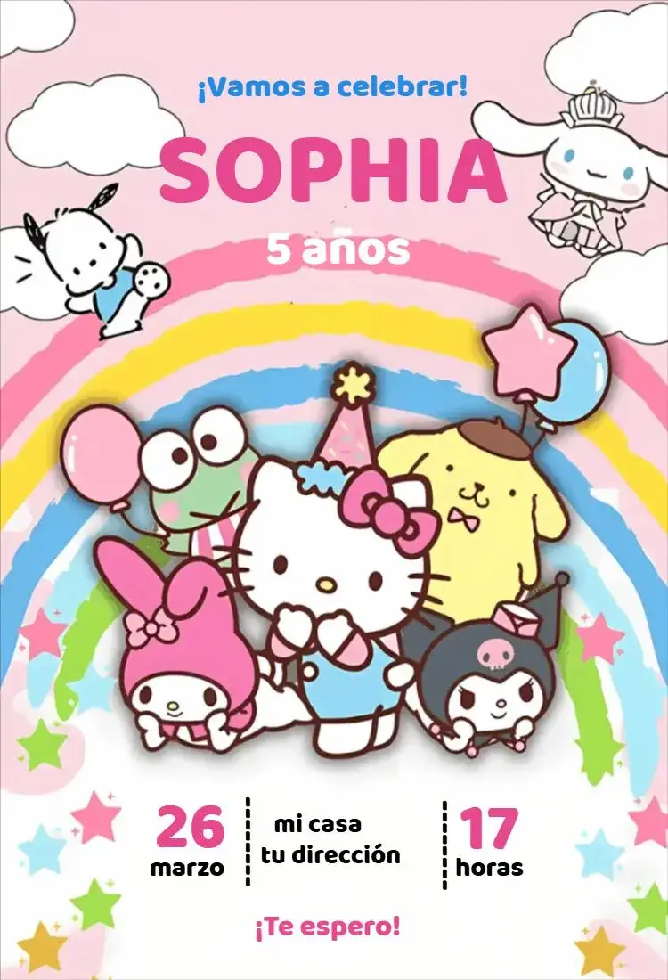 Invitación Invitación Hello Kitty Sunrio – tema Cumpleaños Infantil rosa, infantil, divertido, colorido, lúdico, temático