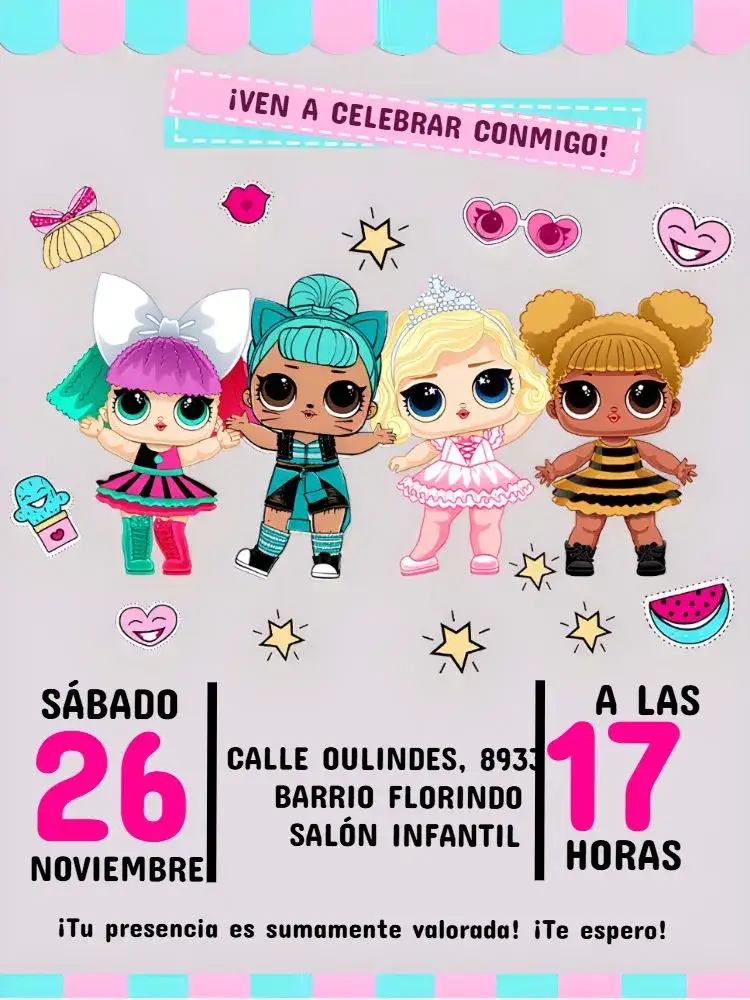 Invitación Muñeca Lol Surprise Colorida – tema Más buscados colorido, divertido, glitter, moderno, temático
