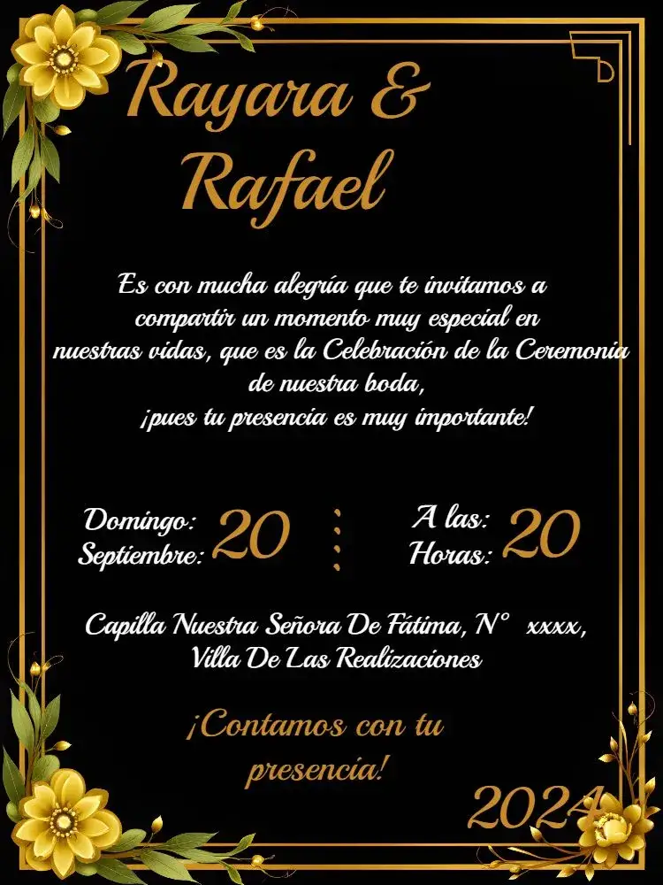 Invitación Boda Floral Oro Negro – tema Boda floral, dorado, negro, moderno, elegante, romántico