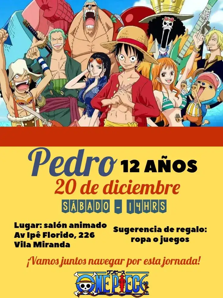 Invitación One Piece Naruto – tema Cumpleaños Infantil colorido, temático, anime, aventura, fantasía