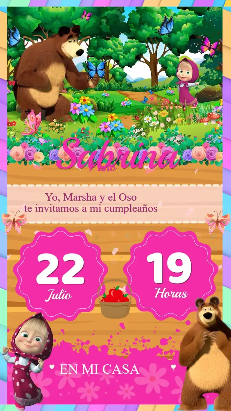 Invitación Invitación Cumpleaños Masha y el Oso – tema Cumpleaños Infantil colorido, divertido, ilustraciones de dibujos animados, estilo lúdico, tema de amistad, estilo moderno