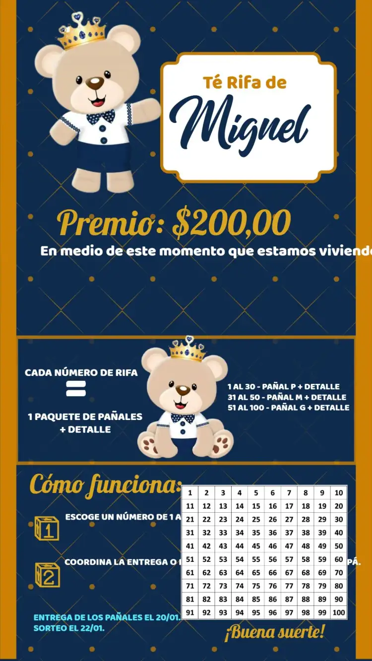 Invitación Té de Rifa Oso Príncipe Niño – tema Más buscados azul, dorado, lúdico, infantil, elegante, moderno