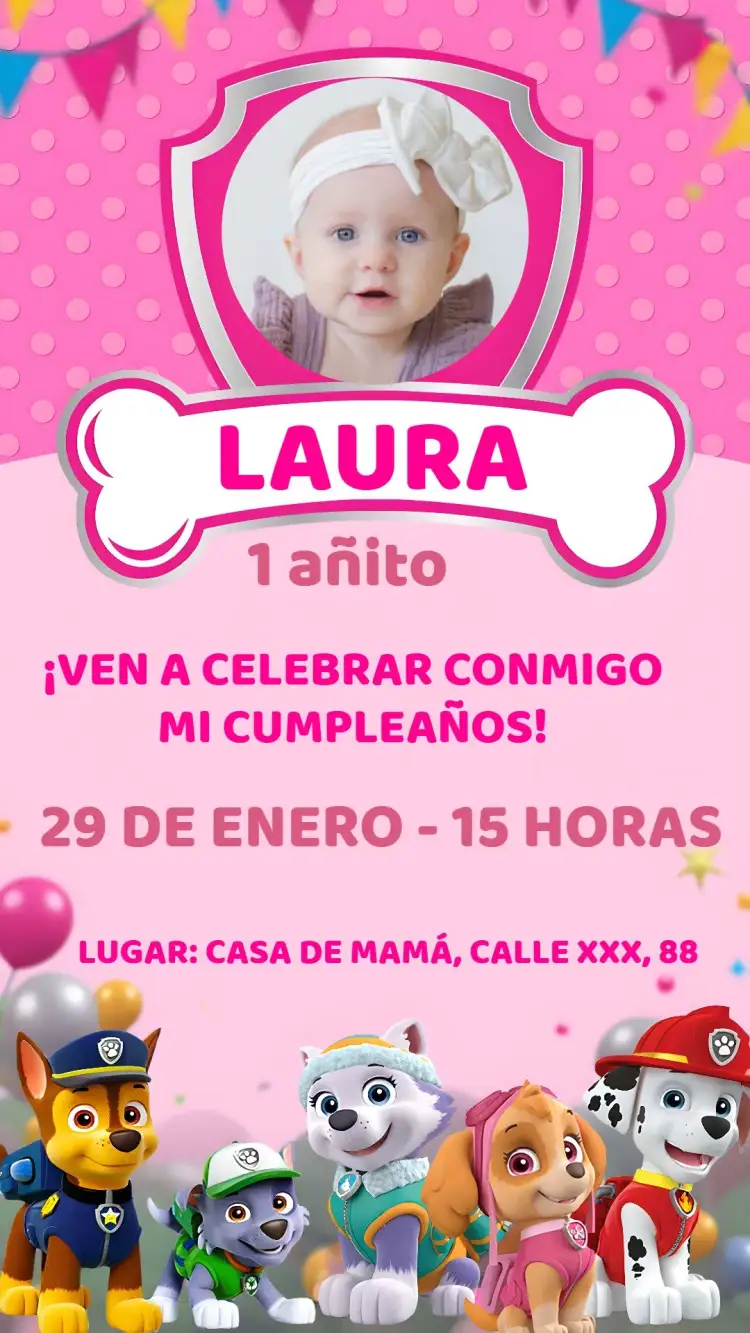 Invitación Patrulla Canina Con Foto Rosa – tema Cumpleaños Infantil rosa, divertido, infantil, colorido, temático, moderno