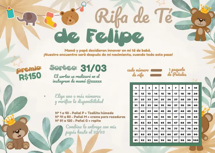 Invitación Chá Rifa Osito Príncipe Pañales – tema Té Rifa azul, infantil, adorable, moderno, divertido