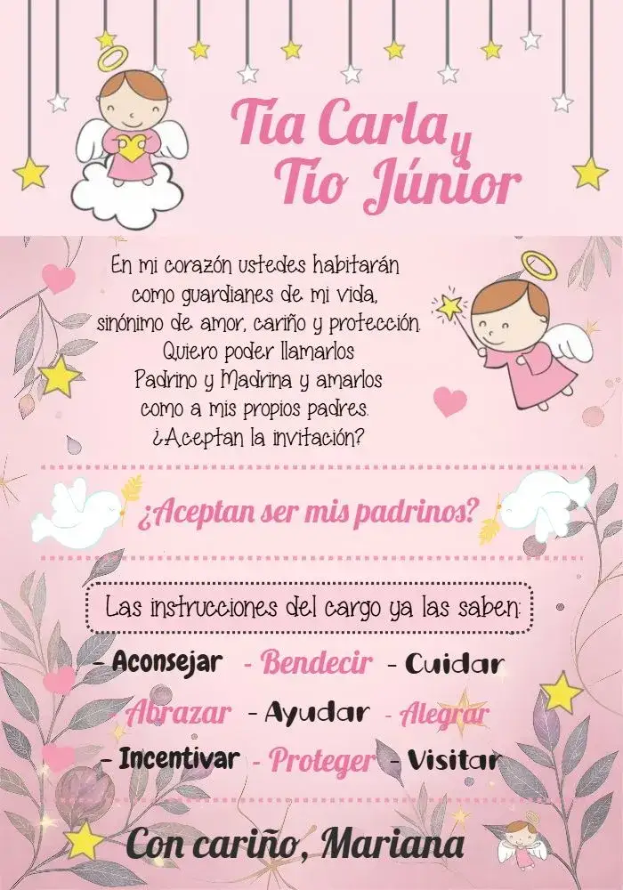 Invitación Padrinos Angelita Rosa – tema Bautismo rosa, blanco, amarillo, angelito, delicado, infantil