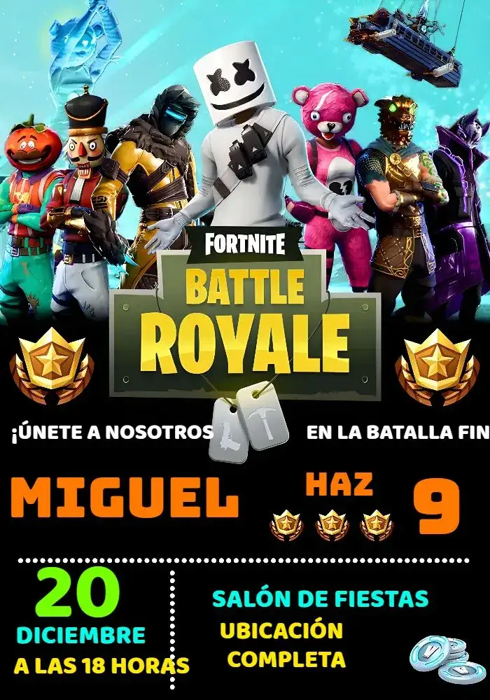 Invitación Fortnite Azul – tema Más buscados juegos, moderno, colorido, infantil, temático