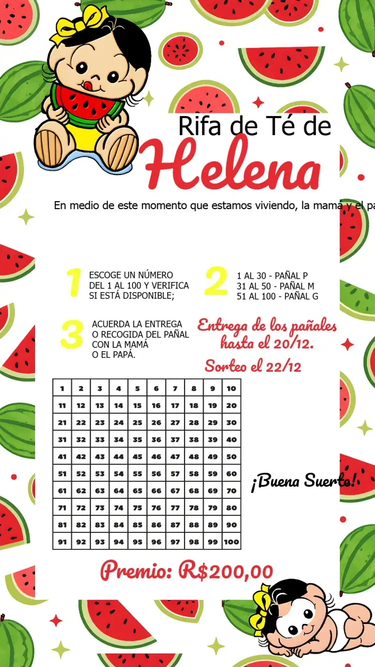 Invitación Chá Rifa Magali Baby Frutinha – tema Té Rifa frutal, colorido, divertido, infantil, vibrante, ilustraciones