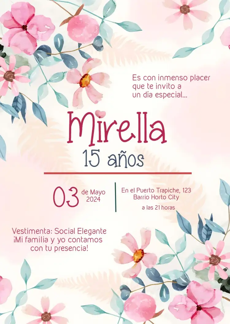 Invitación 15 Años Floral Quince – tema 15 años floral, delicado, femenino, rosa y verde, moderno, elegante