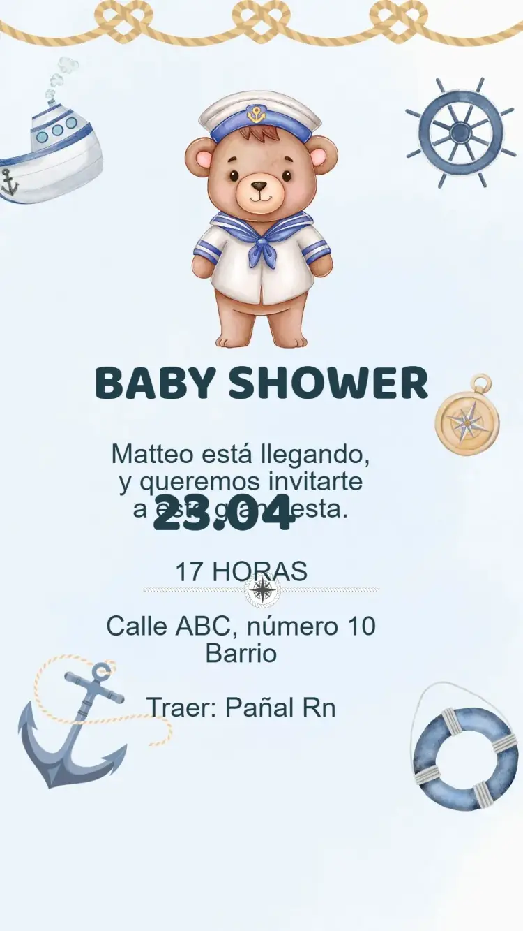 Invitación Baby Shower osito marinero