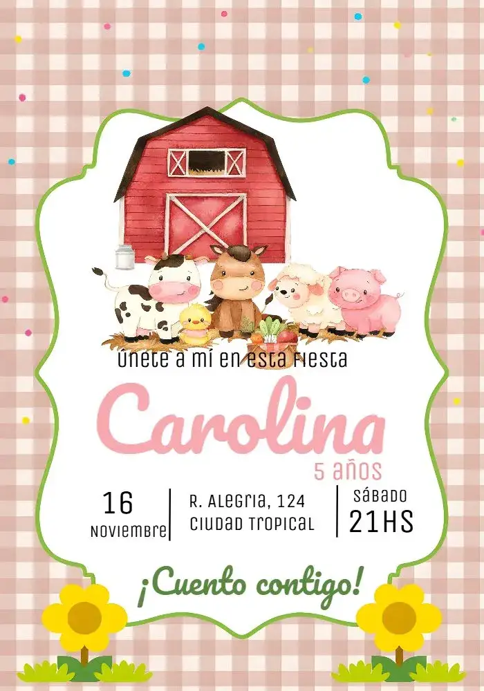 Invitación Granja Rosa Pink – tema Cumpleaños Infantil rosa, granja, lúdico, infantil, colorido, temático
