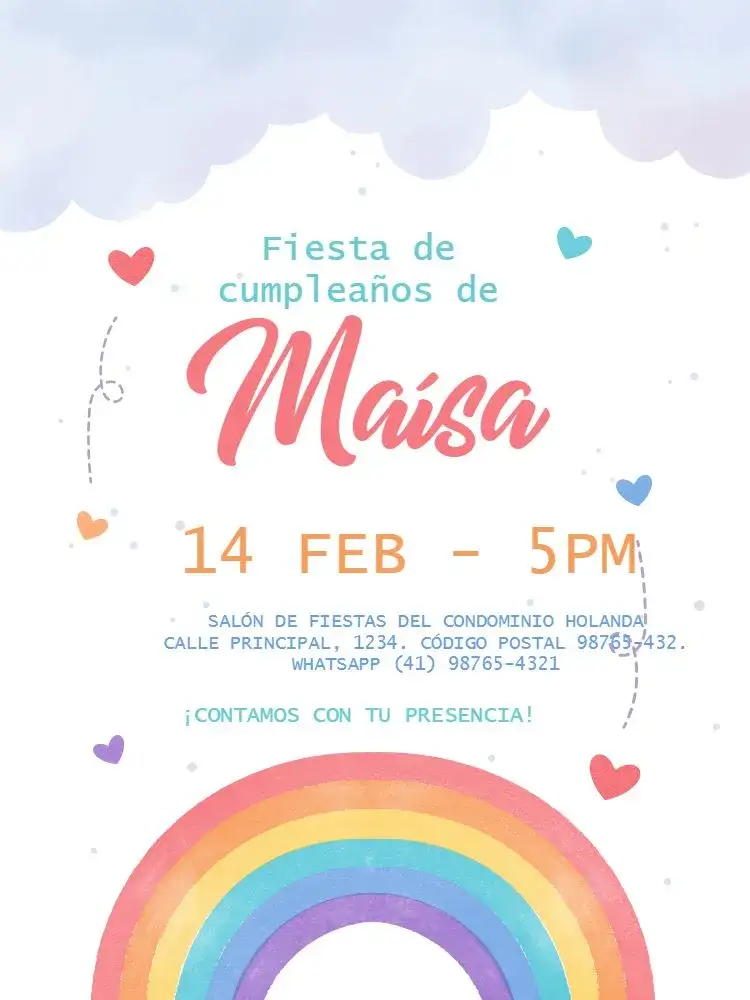 Invitación Encuentro Delicado del Arco Iris – tema Cumpleaños Infantil delicado, colorido, lúdico, aquarela, masculino y femenino, moderno