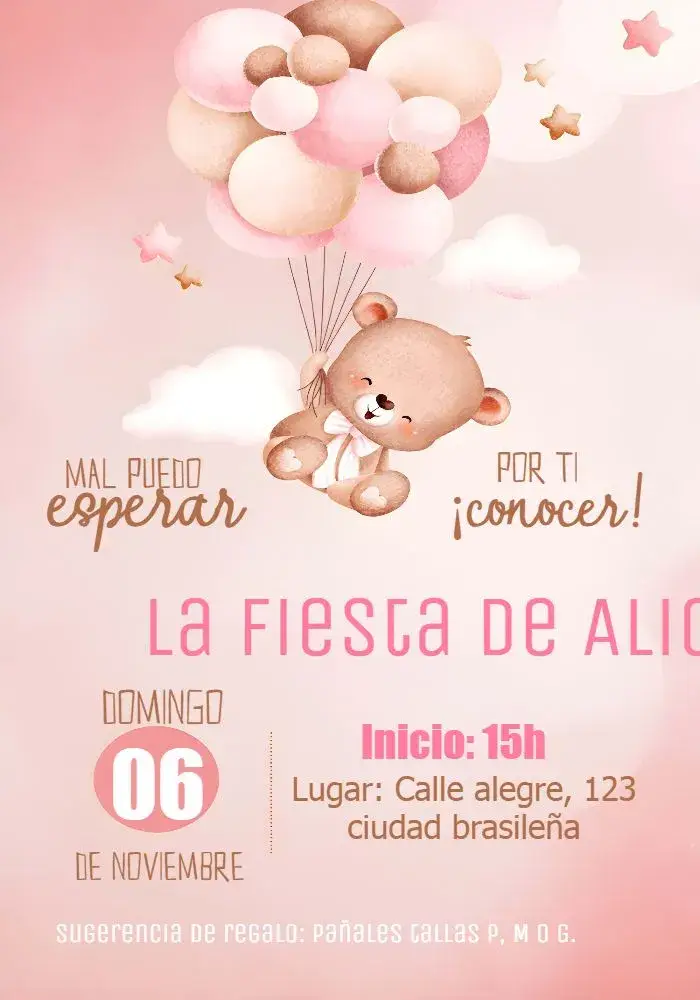 Invitación Baby Shower Osita Globos Nube